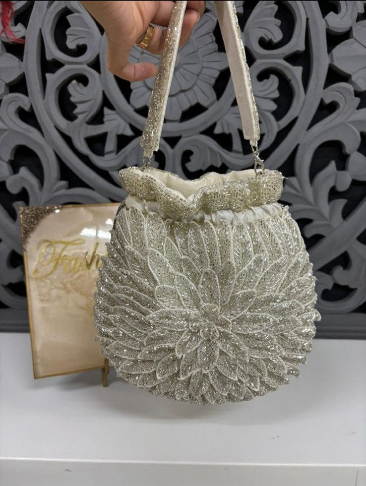 Silver Floral Embroidered Potli Bag | Fashion Fusion India
