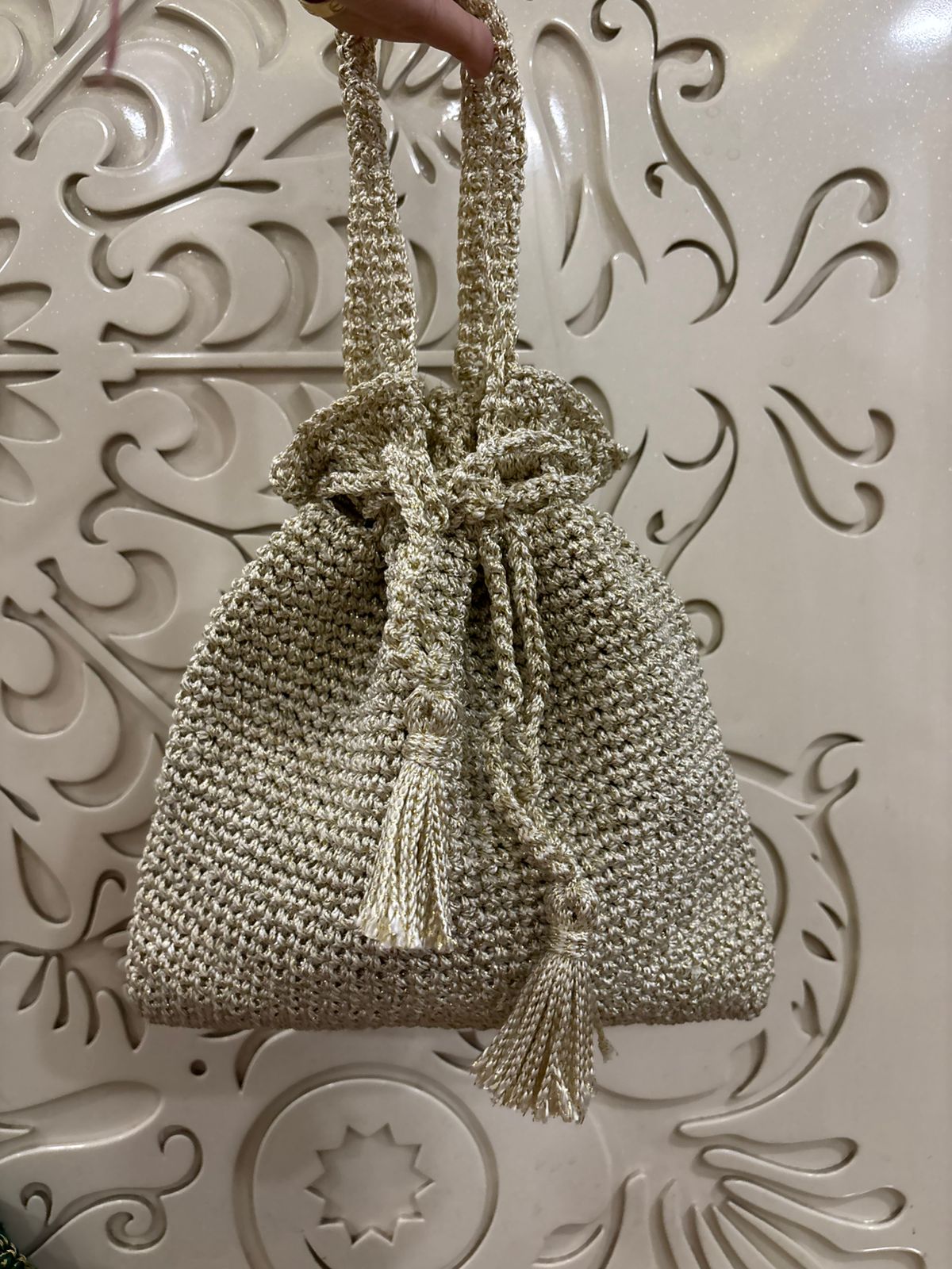 Silver Hand Crochet Floral Potli Bag | Fashion Fusion India