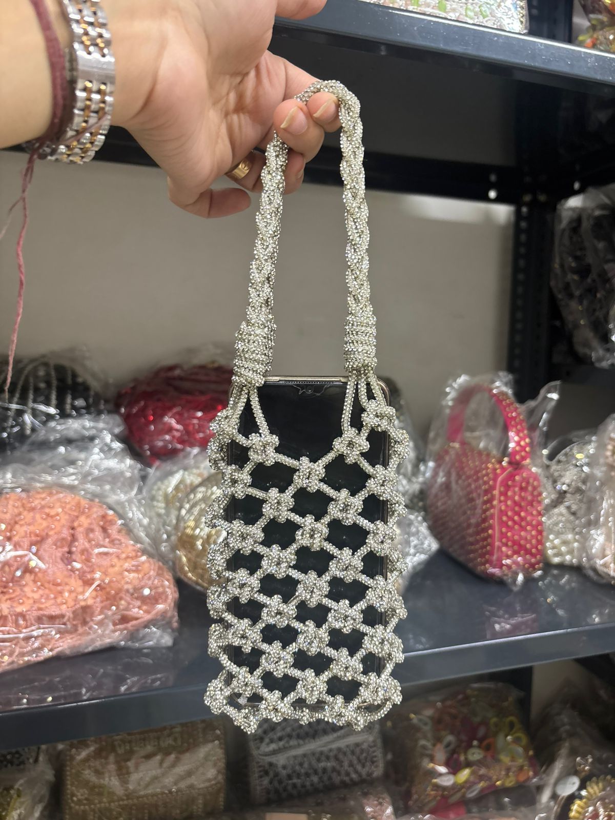 Silver Rhinestone Mobile Sling Bag | Fashion Fusion India