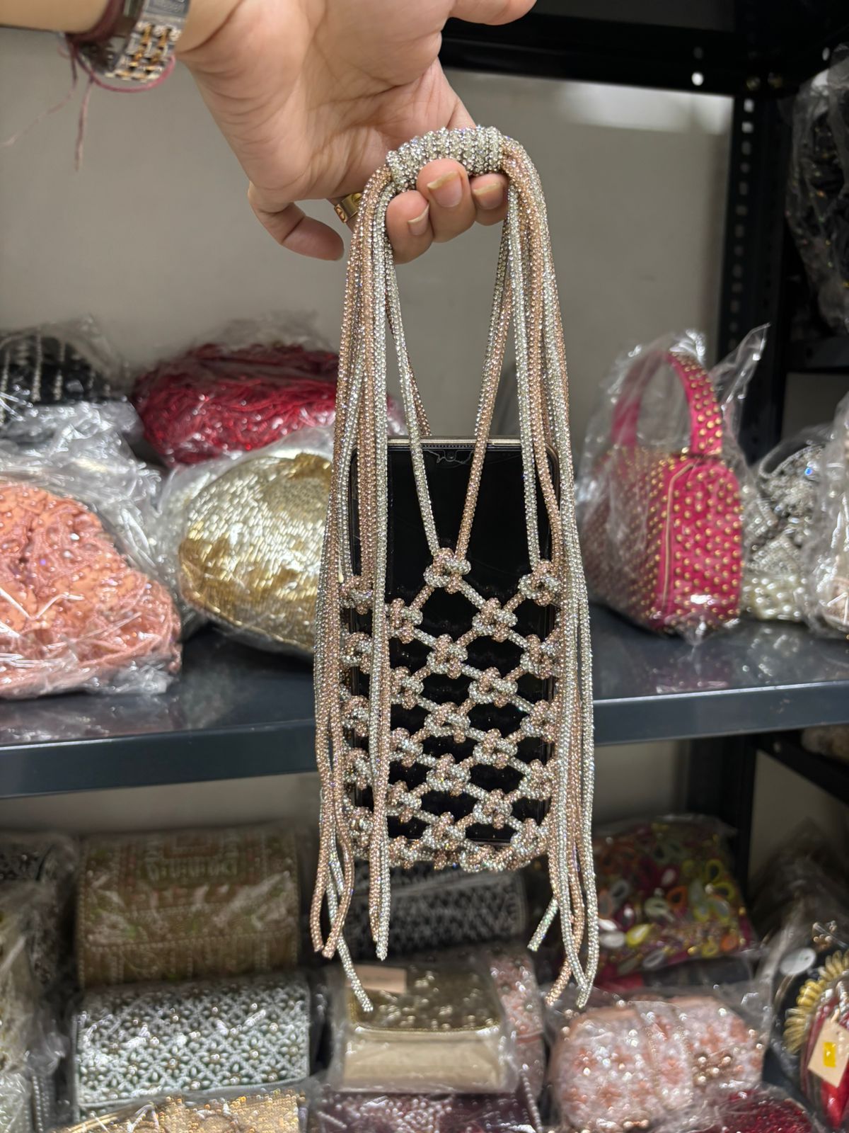 Silver & Rose Gold Rhinestone Mobile Sling Bag