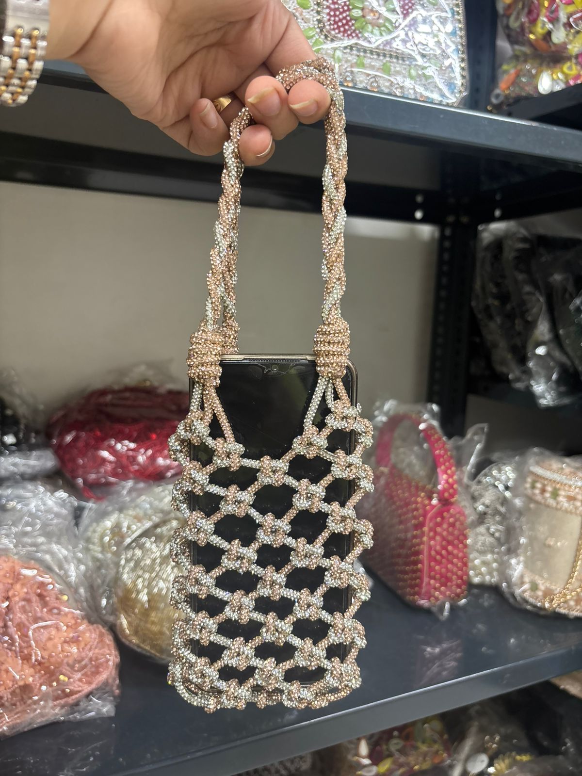 Silver & Rose Gold Rhinestone Mobile Sling Bag | Fashion Fusion India