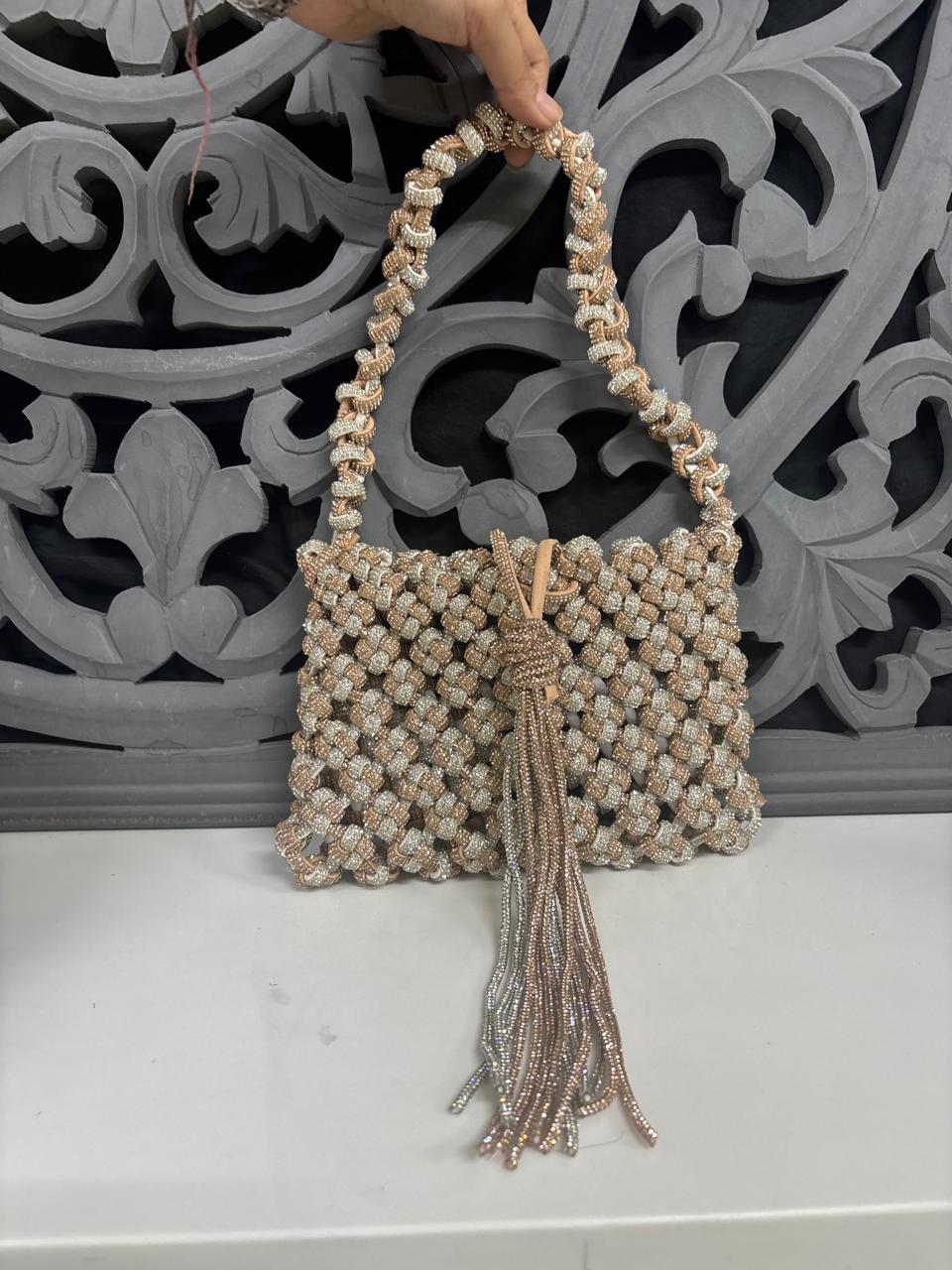 Silver & Rose Gold Rhinestone Tassel Handbag for Women
