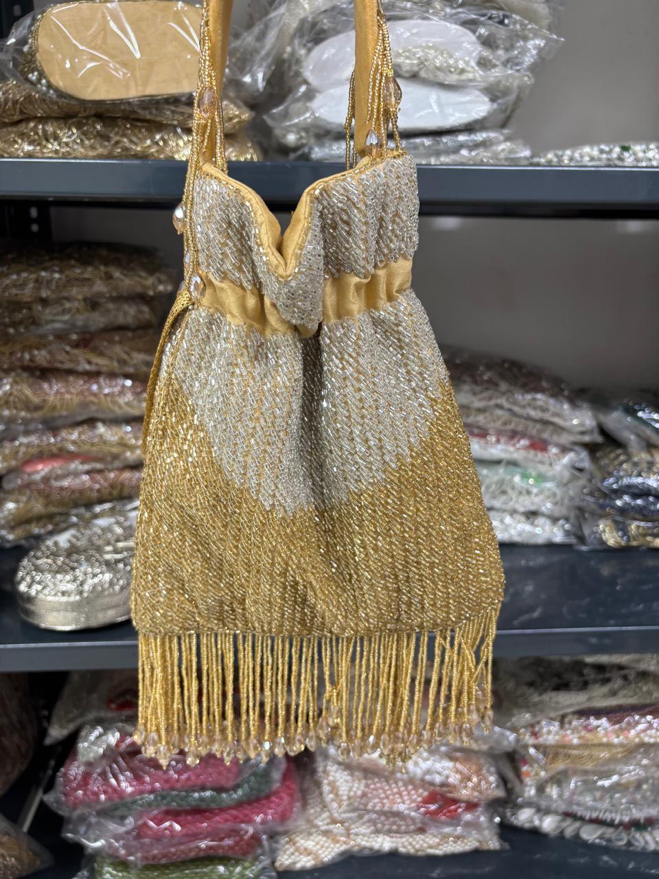 Beaded Fringe Potli Bag – Handmade Dual Tone Designer Bridal & Party Purse by Fashion Fusion India