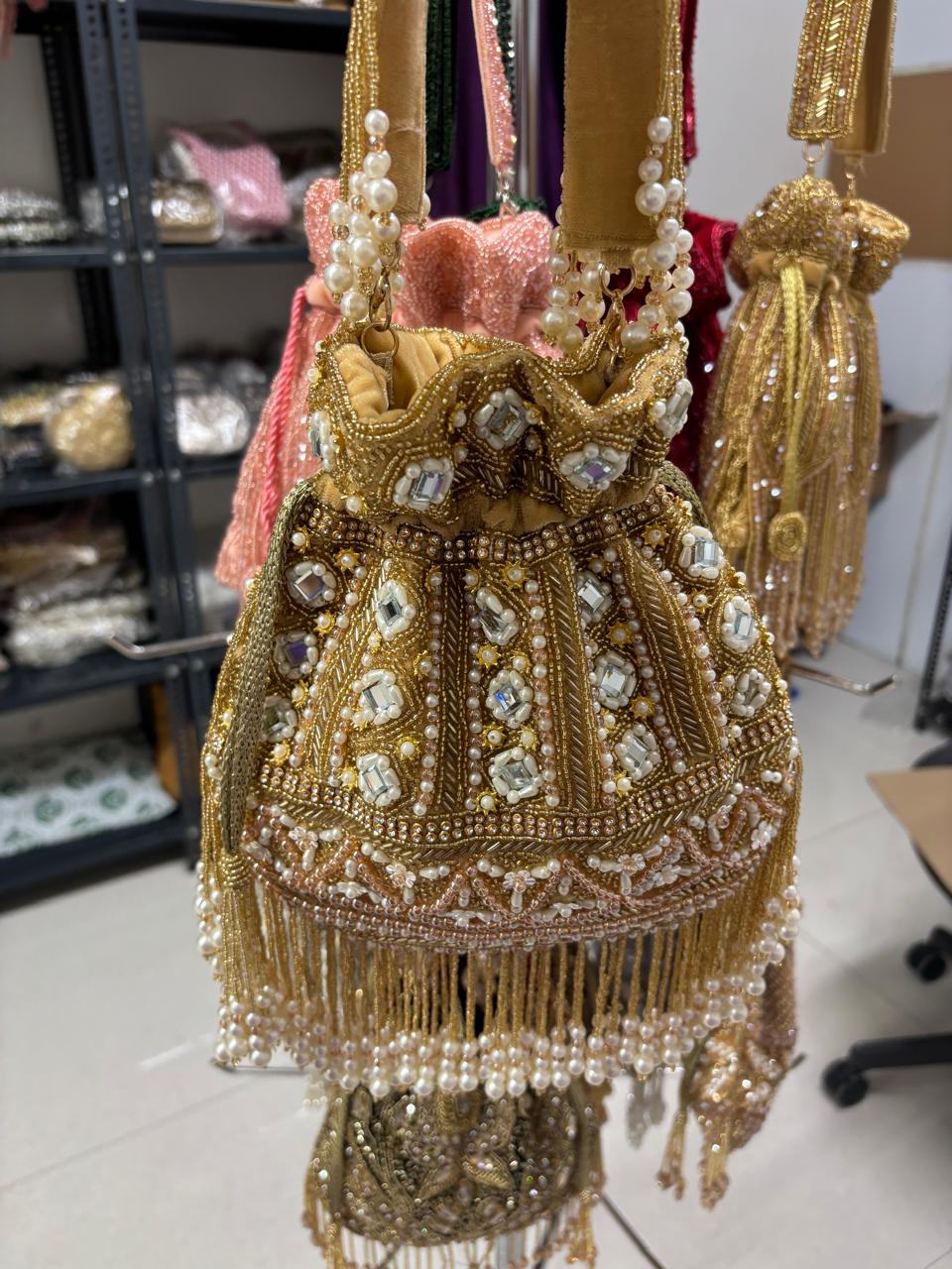 Mirror Beaded Potli Bag – Handmade Pearl & Mirror Work Bridal Purse by Fashion Fusion India