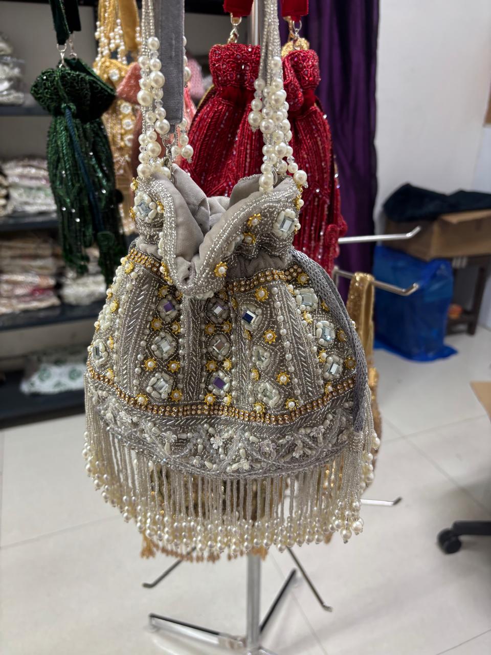 Mirror Beaded Potli Bag – Handmade Pearl & Mirror Work Bridal Purse by Fashion Fusion India