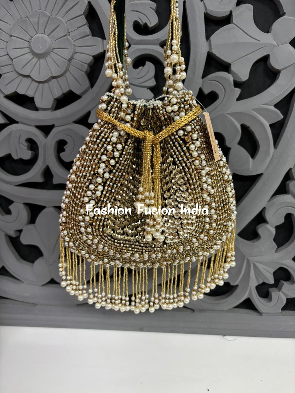 Pearl Beaded Potli Bag – Handcrafted Bridal & Festive Purse by Fashion Fusion India