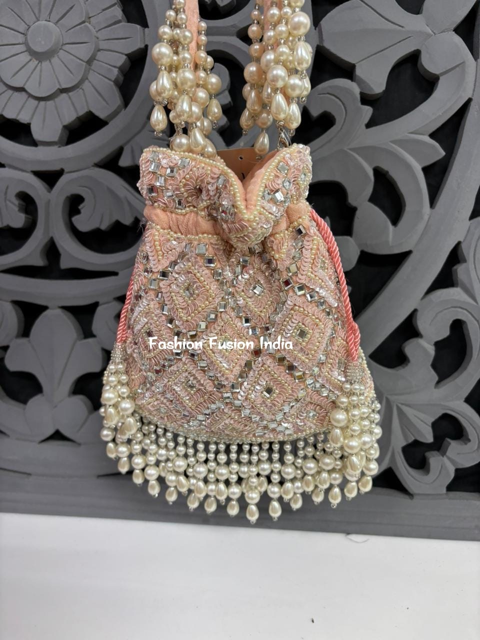 Embellished Pearl Mirror Work Potli Bag – Handmade Bridal & Festive Purse by Fashion Fusion India