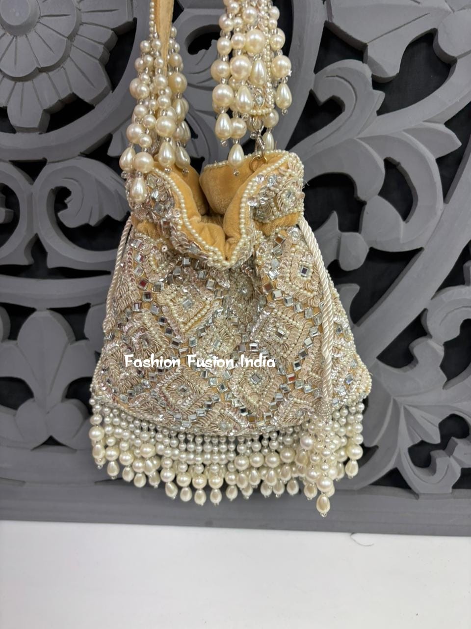 Embellished Pearl Mirror Work Potli Bag – Handmade Bridal & Festive Purse by Fashion Fusion India