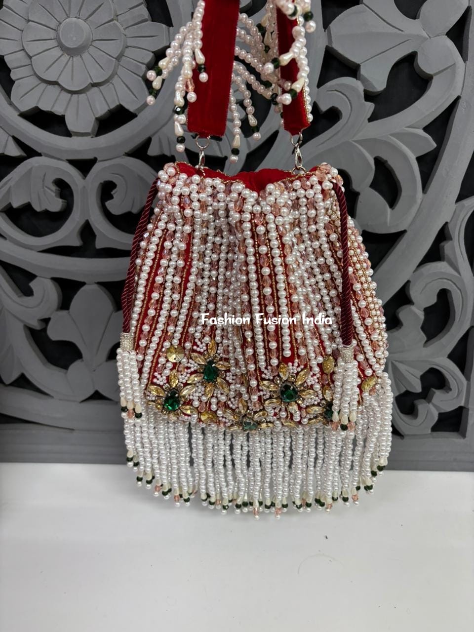 Embellished Floral Pearl Potli Bag – Handmade Designer Bridal & Festive Purse by Fashion Fusion India