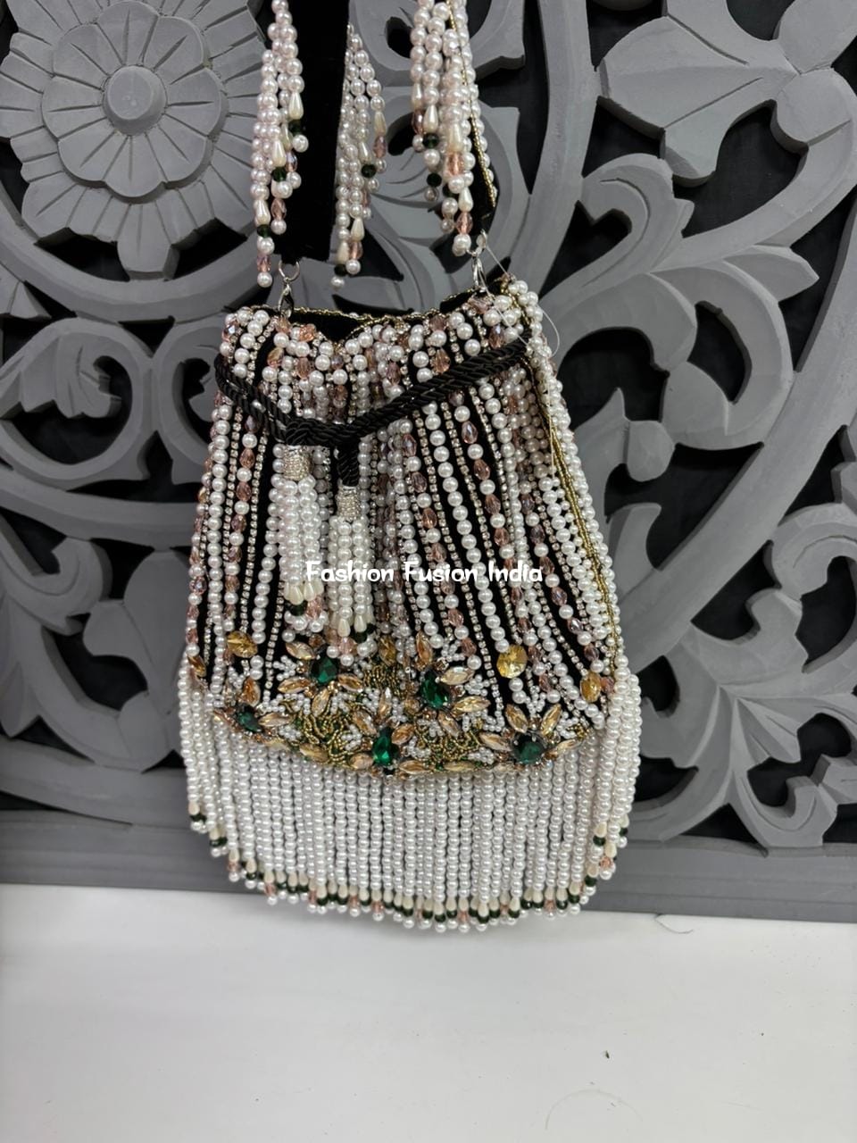 Embellished Floral Pearl Potli Bag – Handmade Designer Bridal & Festive Purse by Fashion Fusion India