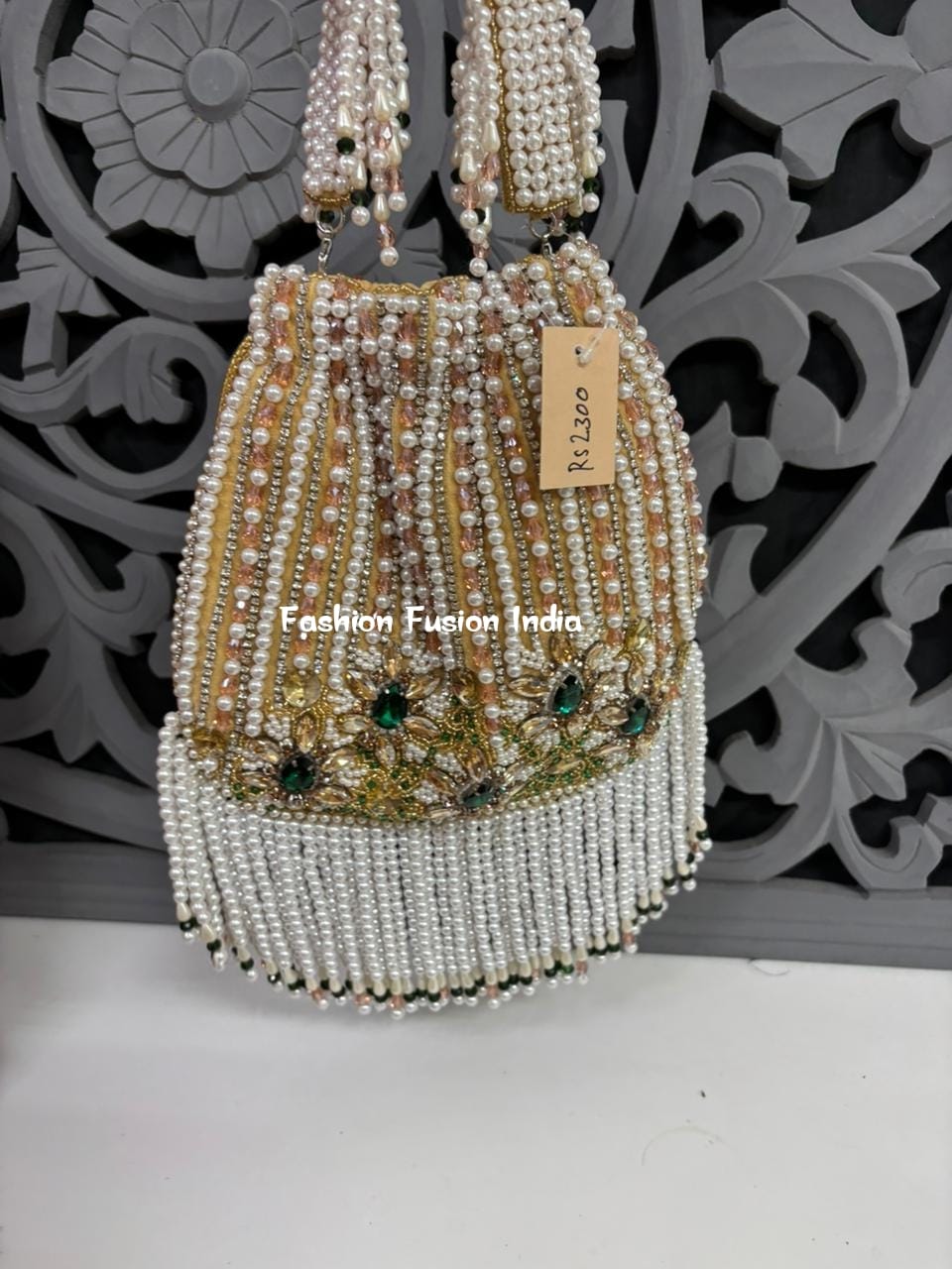 Embellished Floral Pearl Potli Bag – Handmade Designer Bridal & Festive Purse by Fashion Fusion India