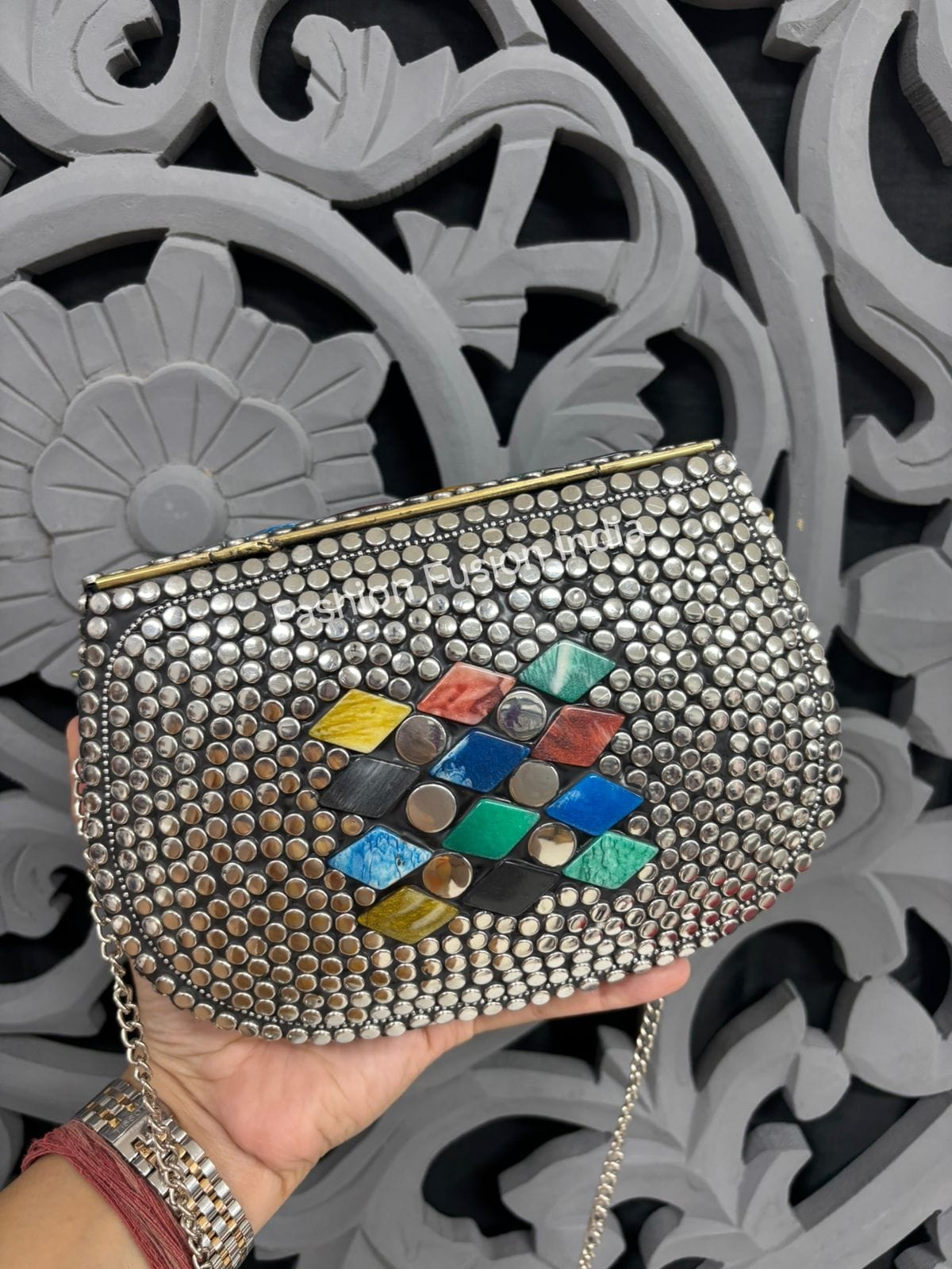 Multicolour Oxidised Diamond Work Clutch – Handcrafted Ethnic Party Statement | Fashion Fusion India
