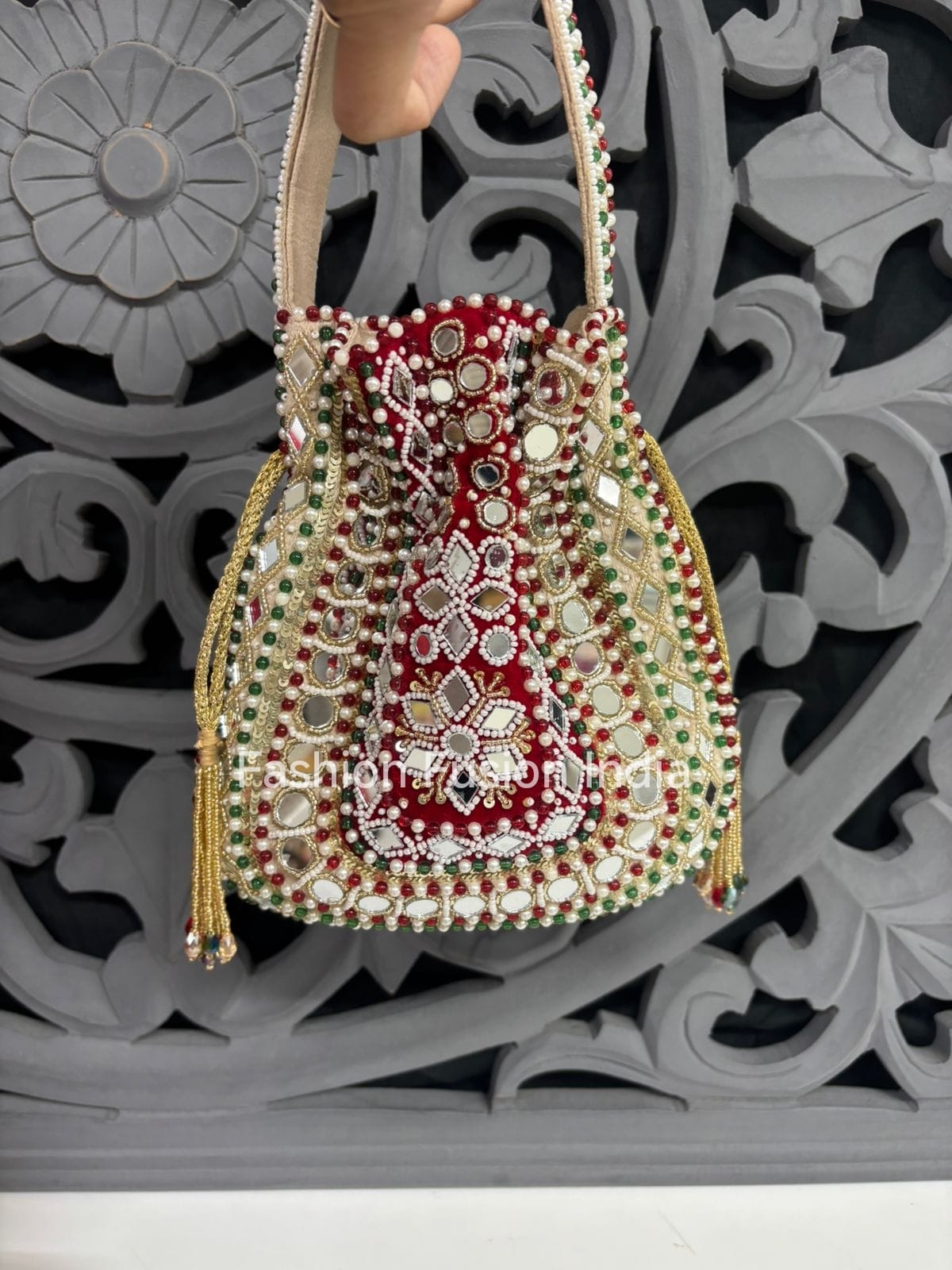 Red & Gold Mirror Work Bridal Potli Bag – Luxury Handcrafted Wedding Ethnic Clutch | Fashion Fusion India