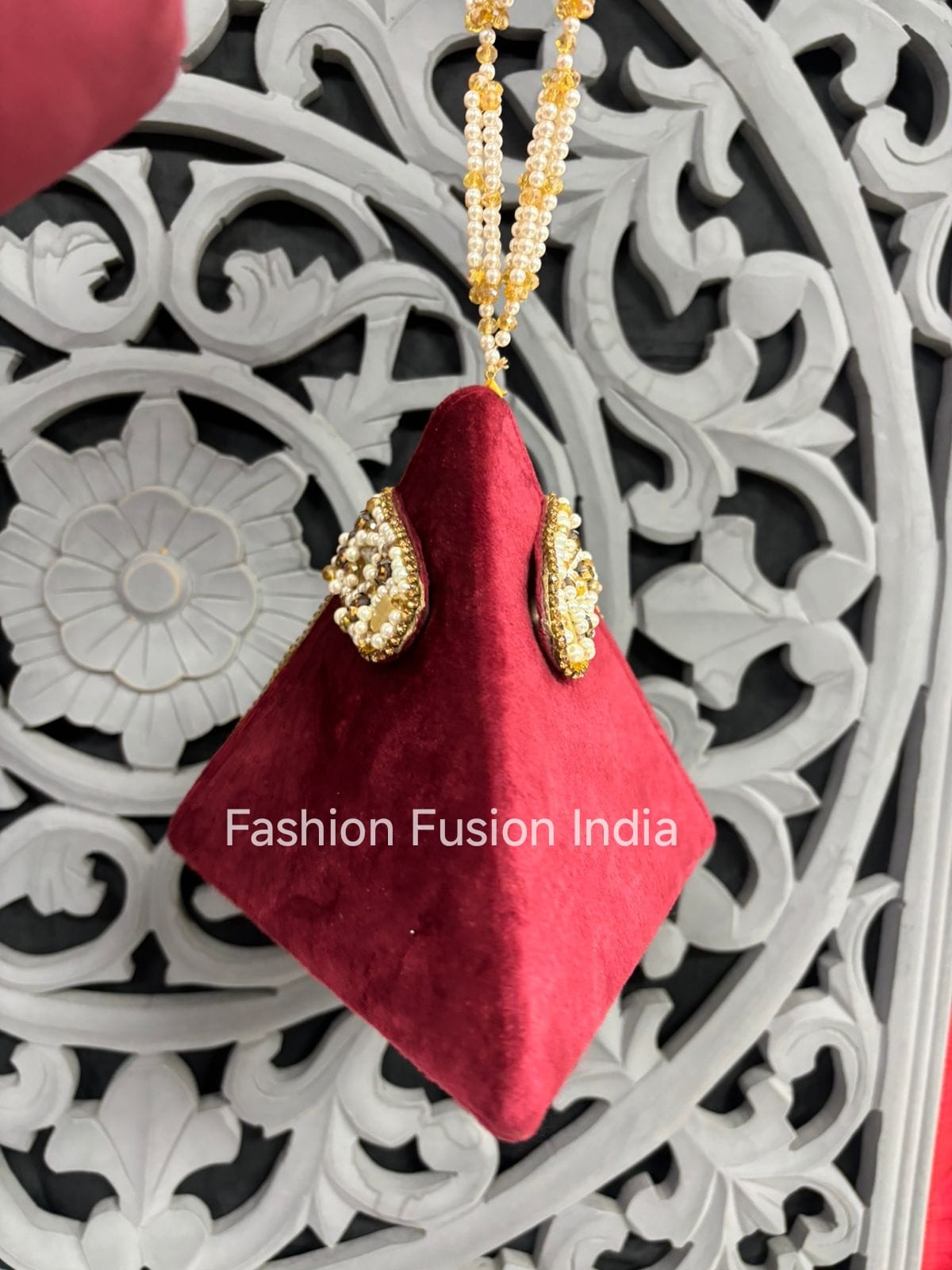 Triangle Pearl & Shell Embroidered Bridal Clutch – Luxury Handcrafted Wedding & Festive Bag | Fashion Fusion India