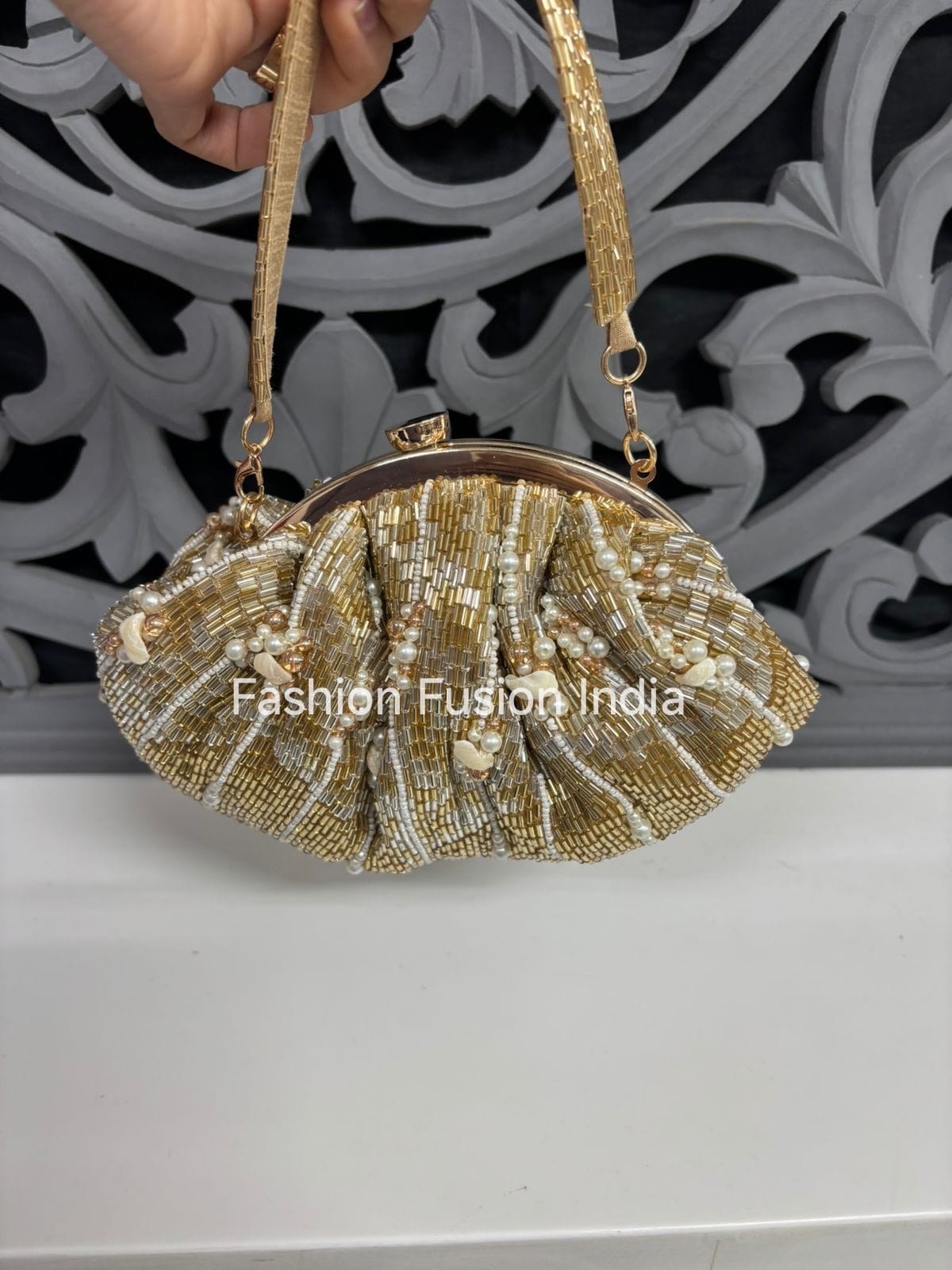 Gold Pearl Beaded Bridal Batua Bag | Designer Wedding & Party Ethnic Batua for Women – Fashion Fusion India