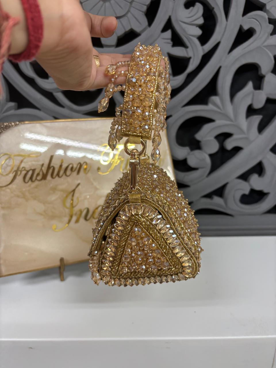 Golden Crystal Embellished Clutch Bag