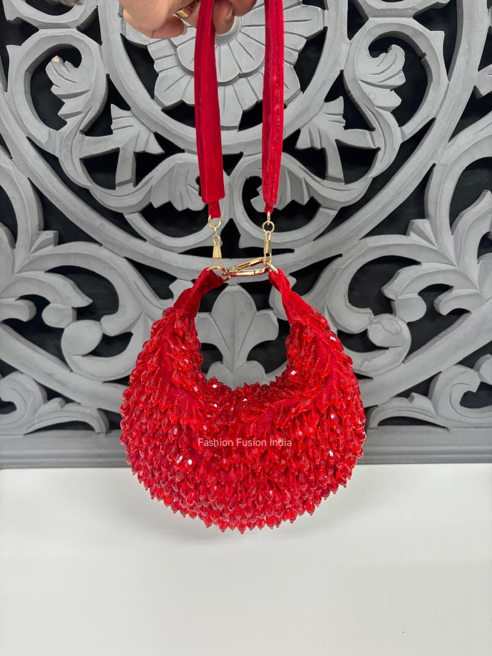 Red Crystal Fringe Moon Clutch Bag