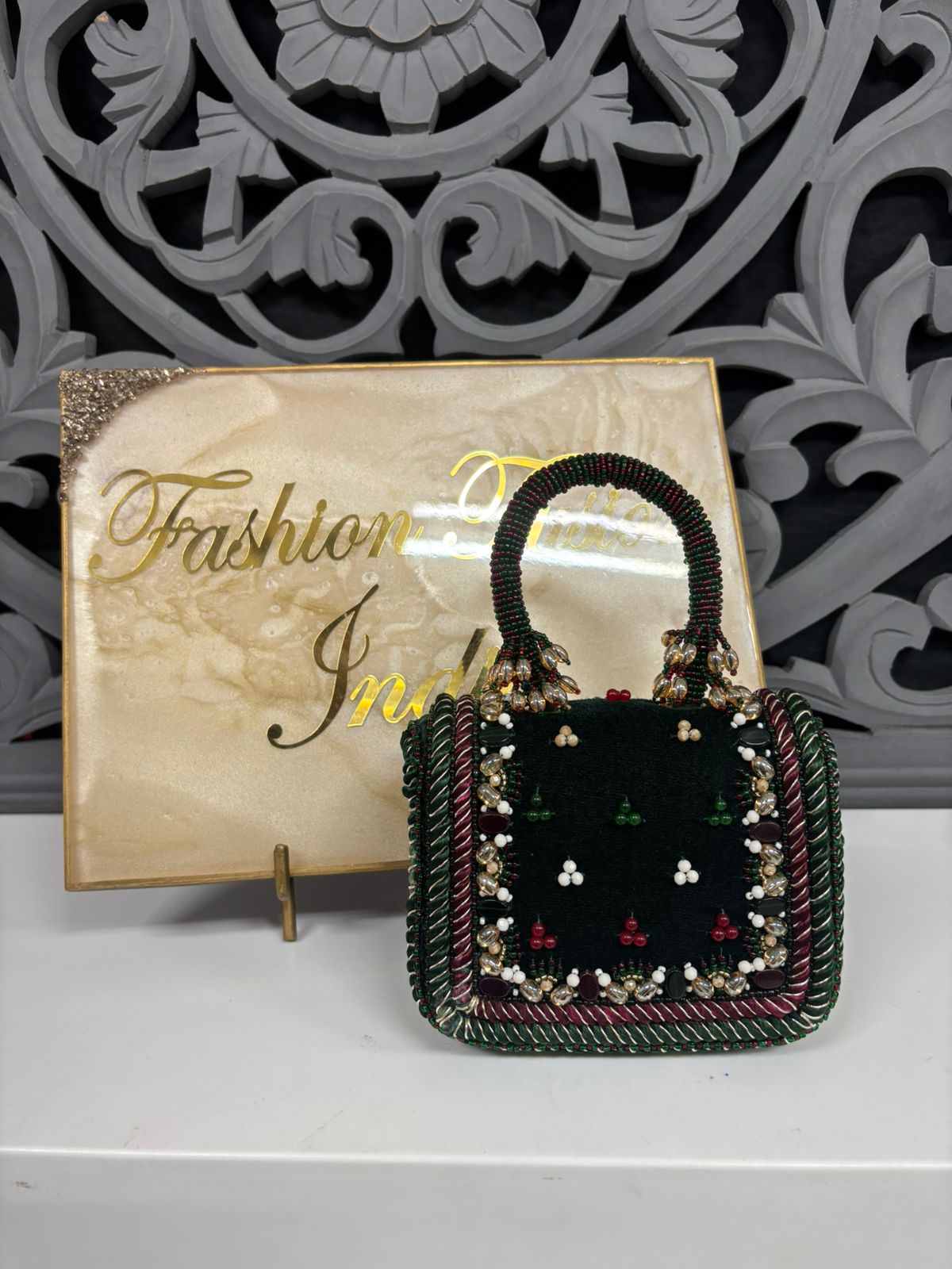 Hand Embellished Dark Green Flap Bag