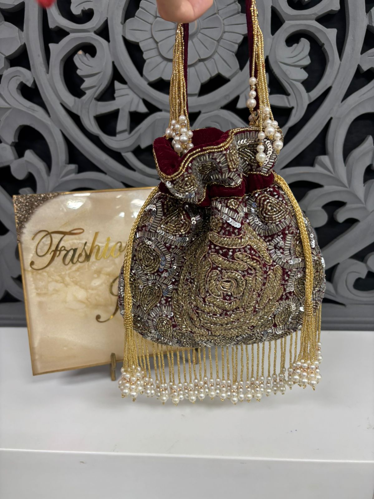 Flower Pattern Sequin Embroidered Maroon Potli Bags