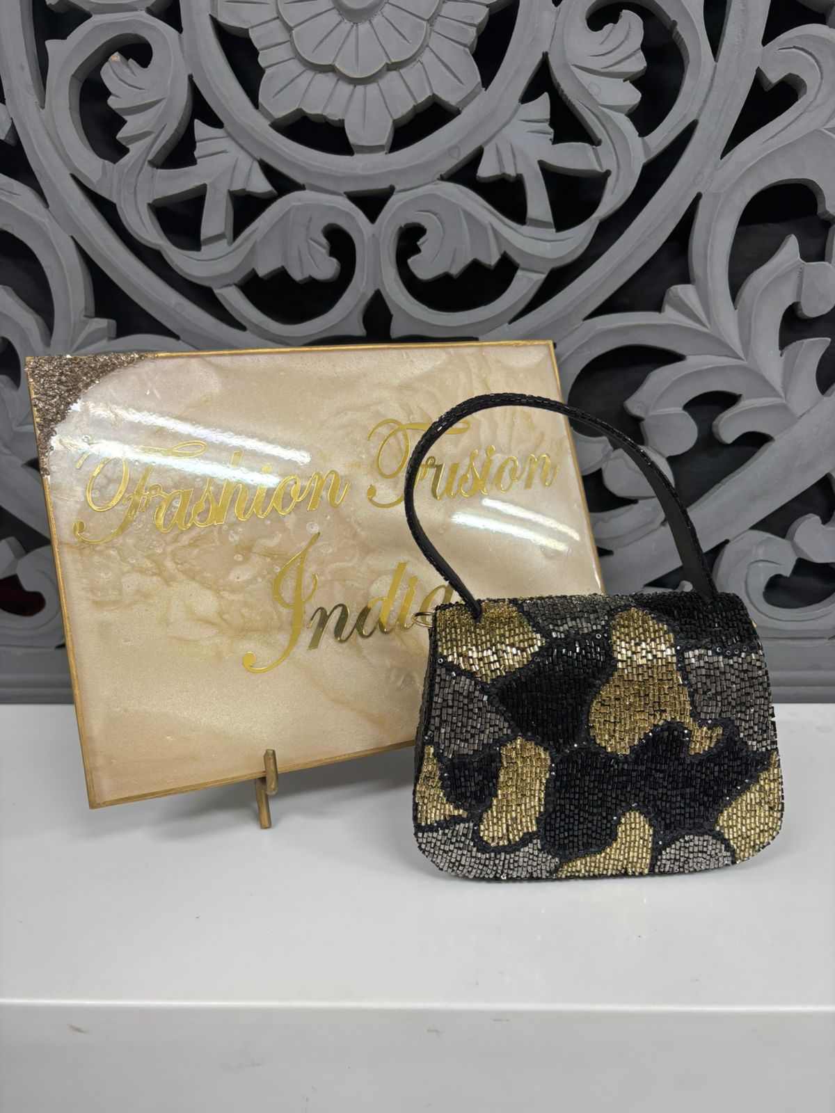 Black Gold Beaded Flap Bag