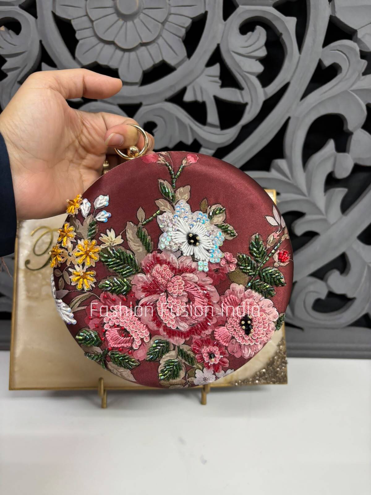 Elegant Wine Floral Embroidered Clutch Bag | Designer Party & Wedding Handbag