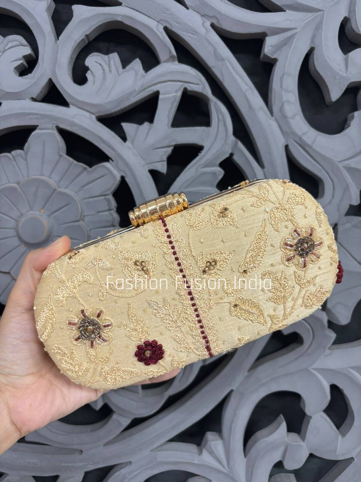 Champagne Gold Embroidered Oval Clutch Bag | Designer Wedding & Party Clutch