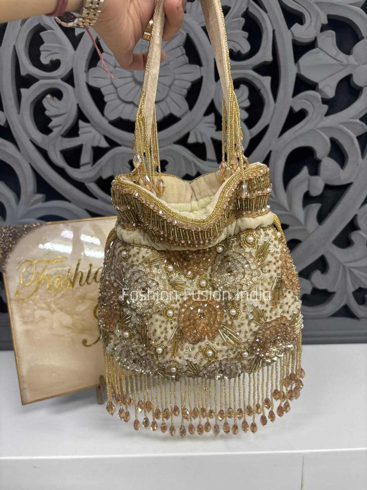 White & Gold Embroidered Potli Bag | Designer Potli Bag
