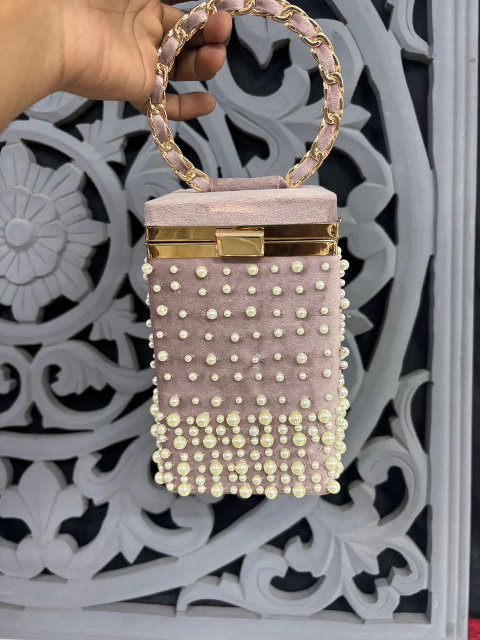 Light Pink Pearl Box Clutch Bag| Fashion Fusion India