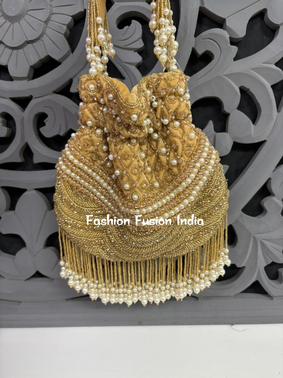 Embellished Pearl Beaded Potli Bag – Luxurious Handmade Bridal & Festive Potli Purse by Fashion Fusion India