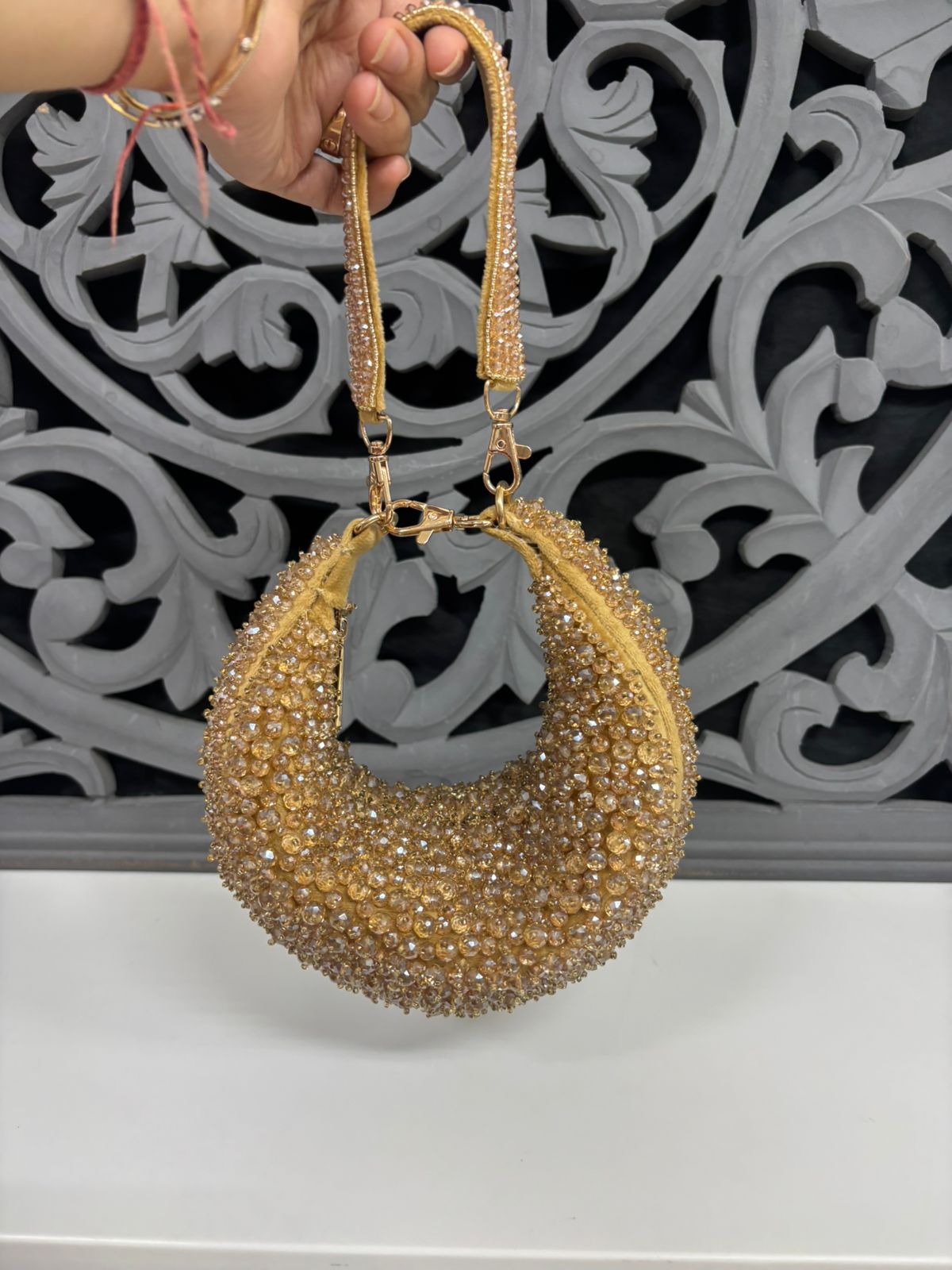 Golden Crystal Embellished Moon Bag
