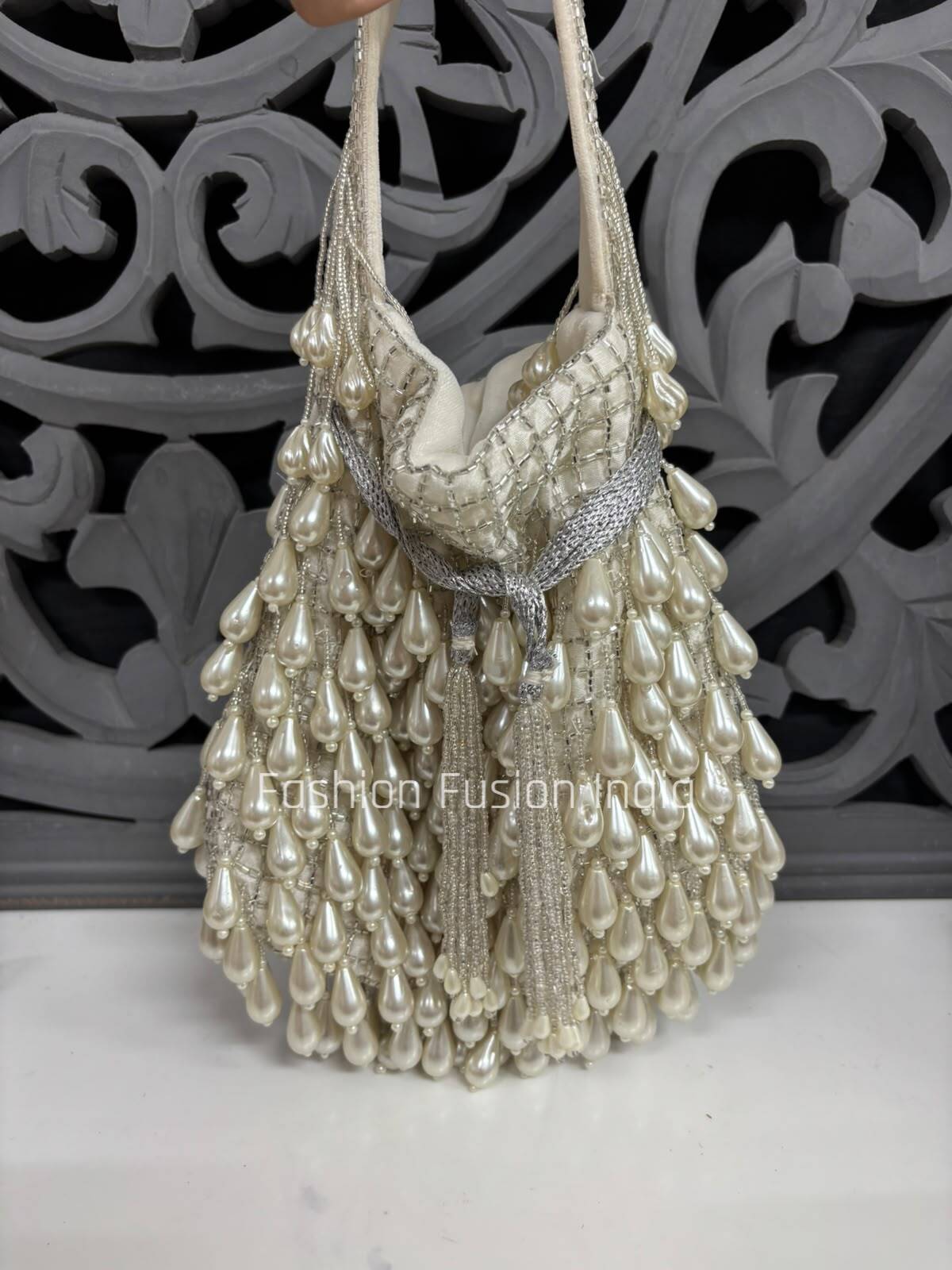 Ivory White Pearl Potli Bag | Premium Wedding Clutch & Bridal Handbag