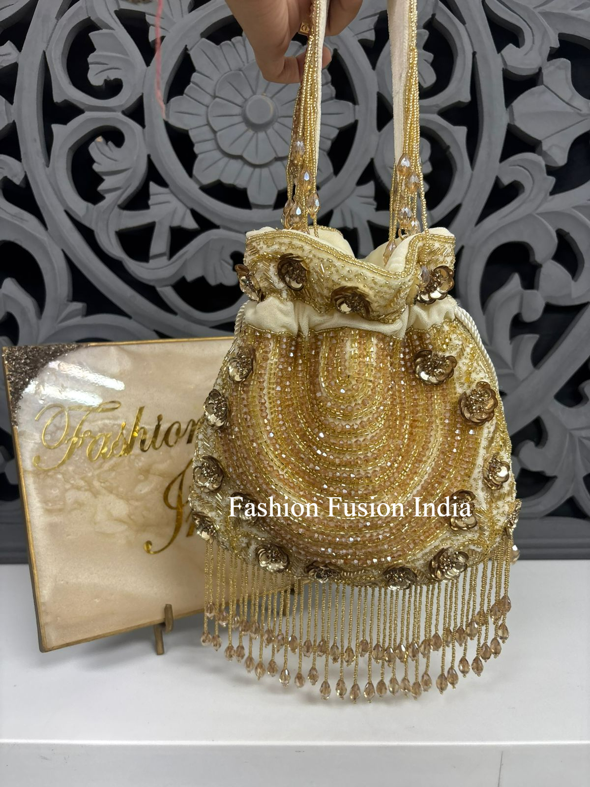 White Pearl Crystal Bridal Potli Bag