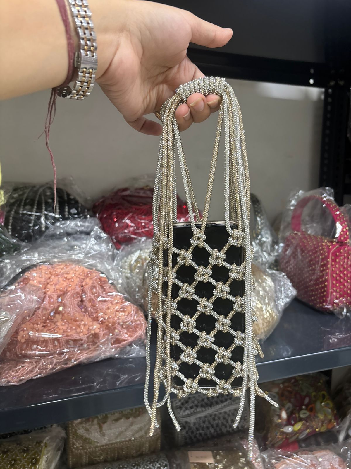 Silver & Gold Rhinestone Mobile Sling Bag for Women