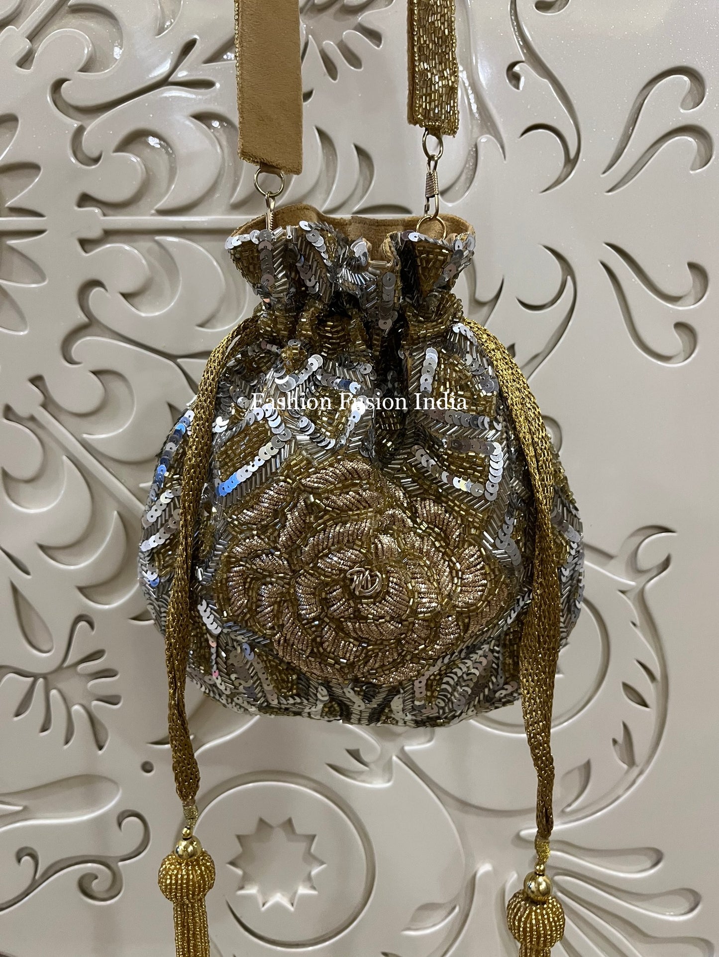Embroidered Sequin gold Potli Bag
