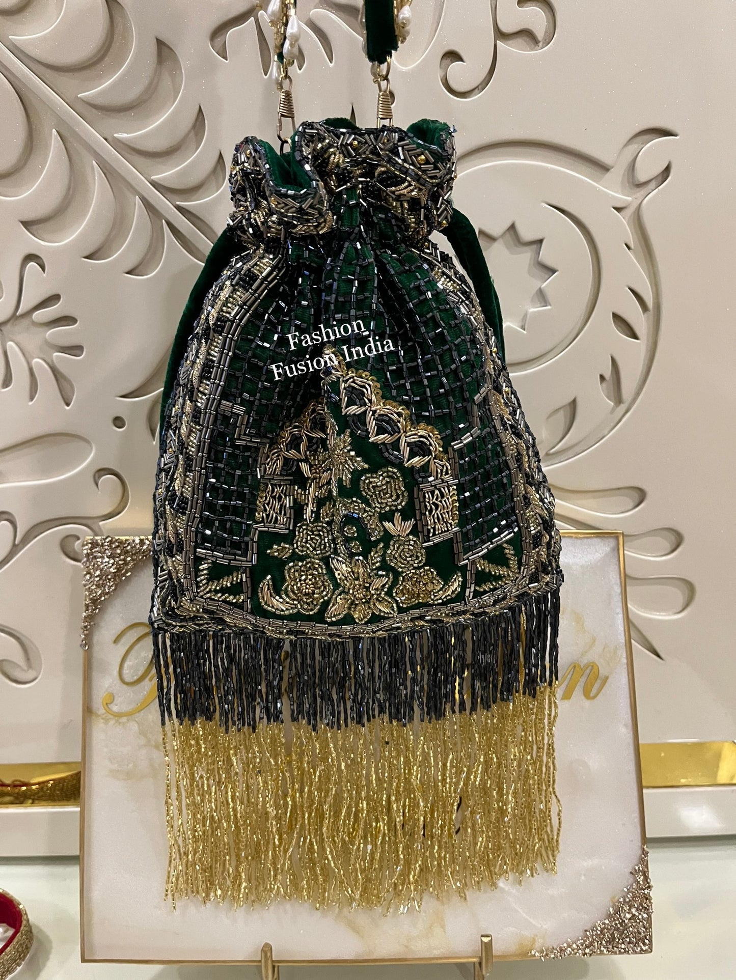 Golden Embroidered Potli Bag | Velvet Wedding & Party Purse | Designer Fringe Potli Clutch | Indian Bridal Ethnic Handbag