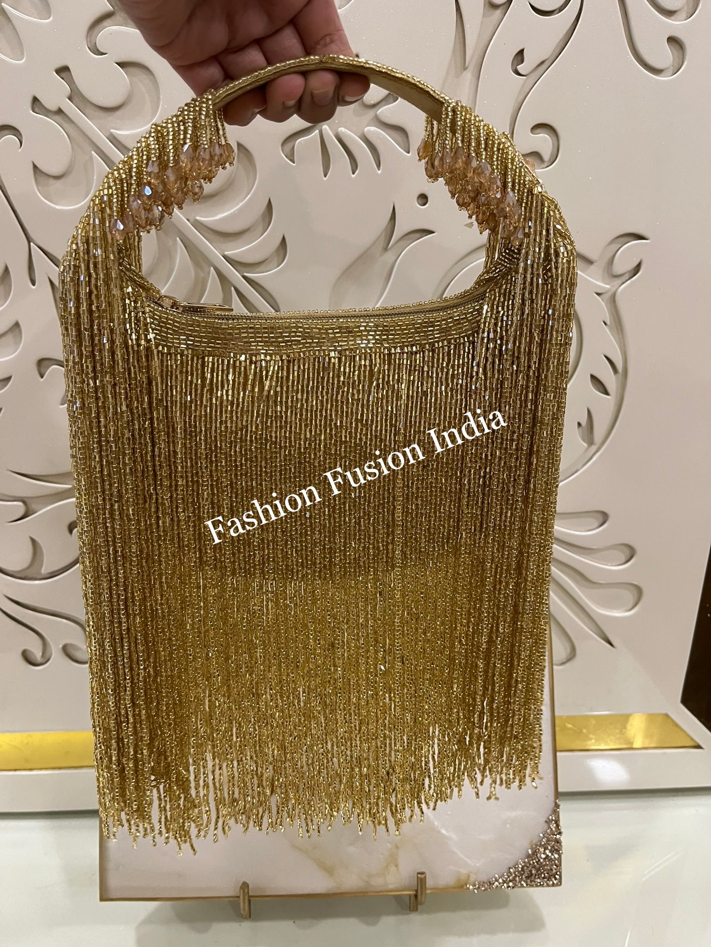 Gold Fringe Bag | Luxury Designer Party Clutch with Beaded Tassels | Evening Handbag by Fashion Fusion India