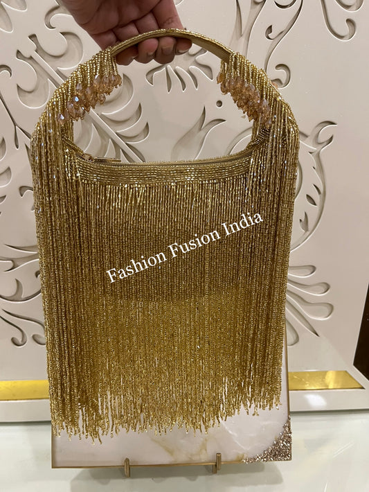 Gold Fringe Bag | Luxury Designer Party Clutch with Beaded Tassels | Evening Handbag by Fashion Fusion India