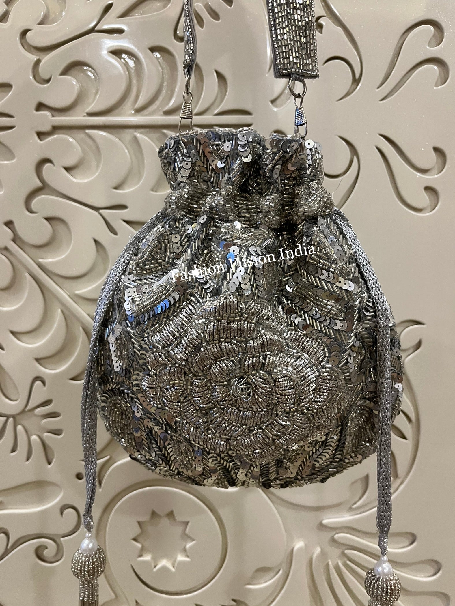 Embroidered Sequin Silver Potli Bag