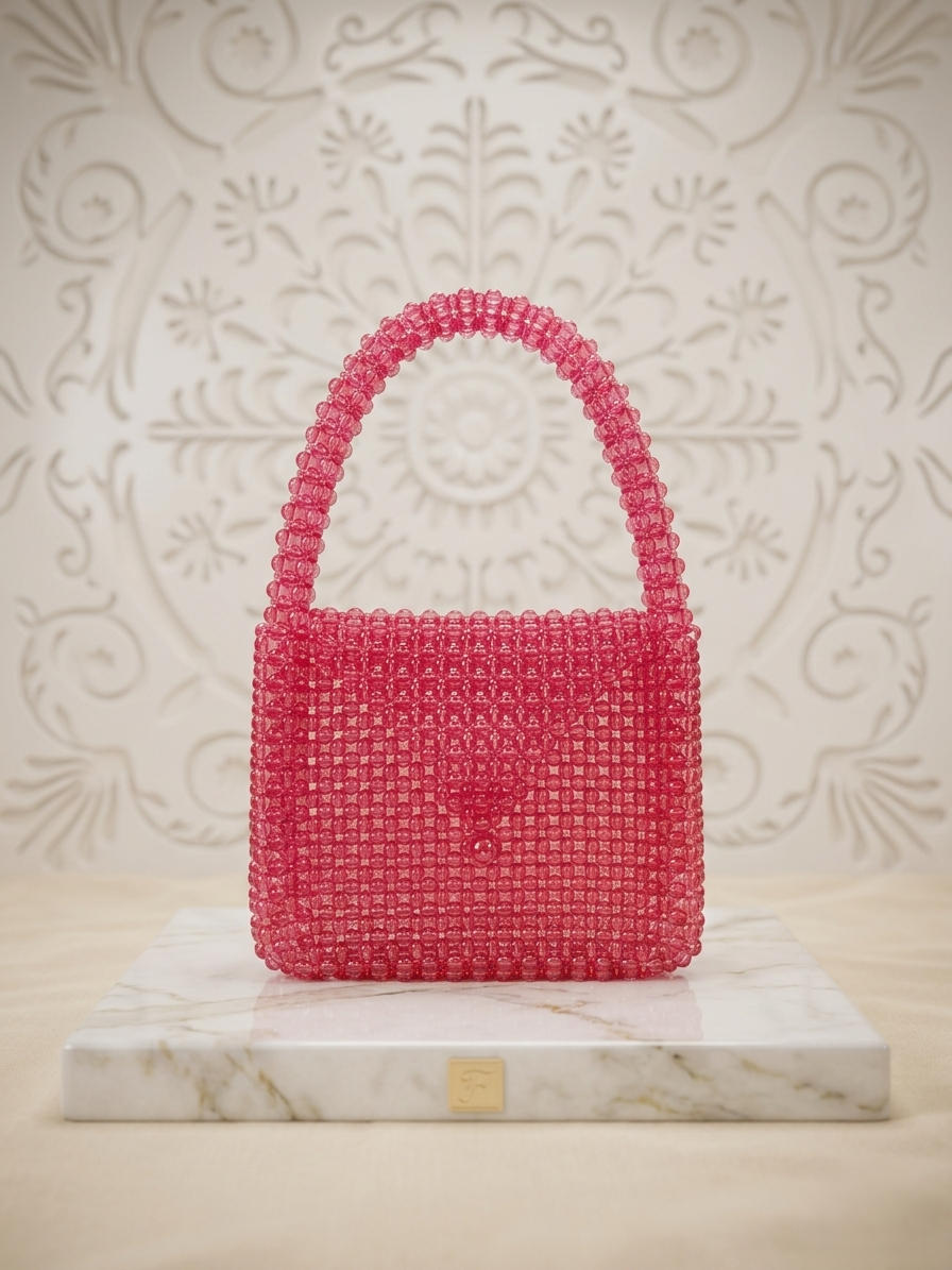 Pink woven handbag on a marble platform with a decorative wall background