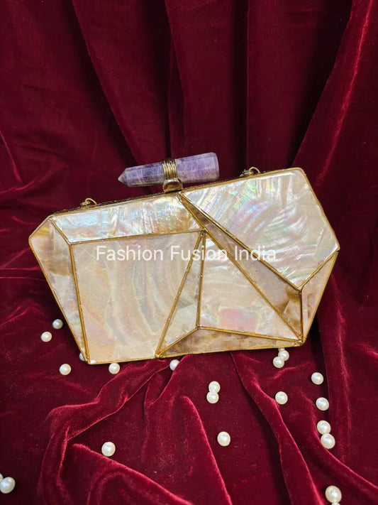 Iridescent clutch bag on a red velvet background with 'Fashion Fusions India' branding.
