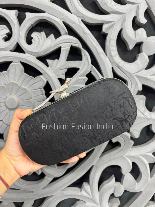 Black Oval Clutch with Bird Clasp