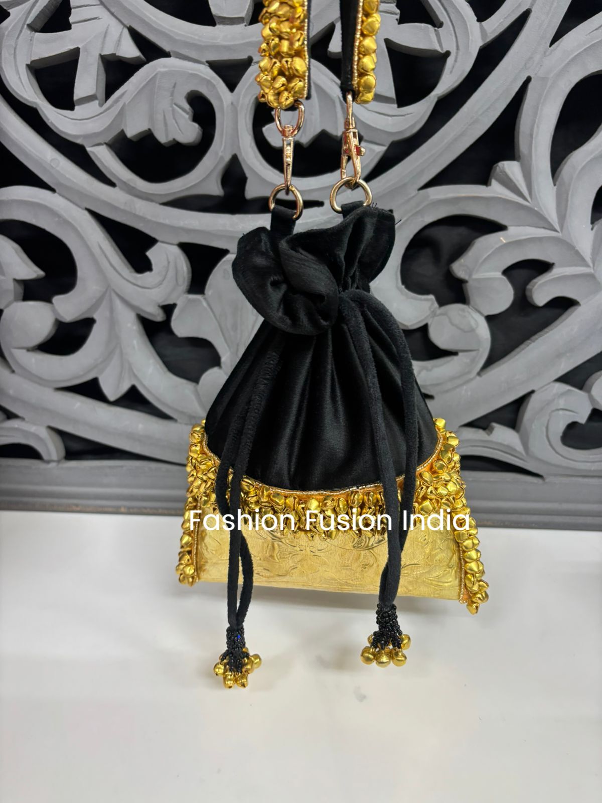 Black Velvet Metal Potli Bag With Ghungroo
