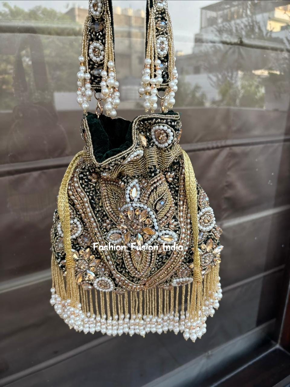 Black and Gold Beaded Bridal Potli Bag – Handmade Luxury Wedding & Party Clutch | Fashion Fusion India