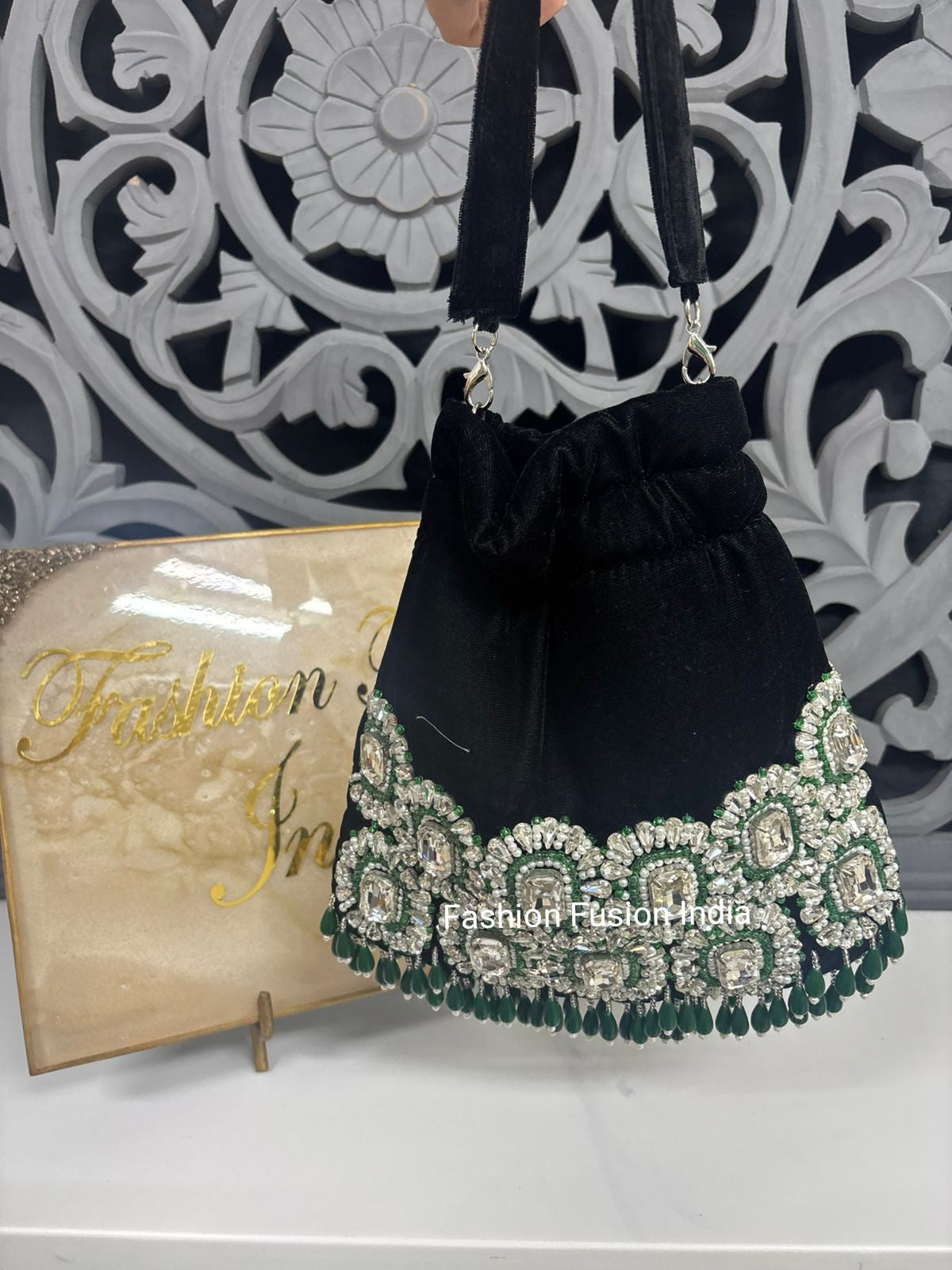 Black Crystal Stone Embellished Bridal Potli Bag
