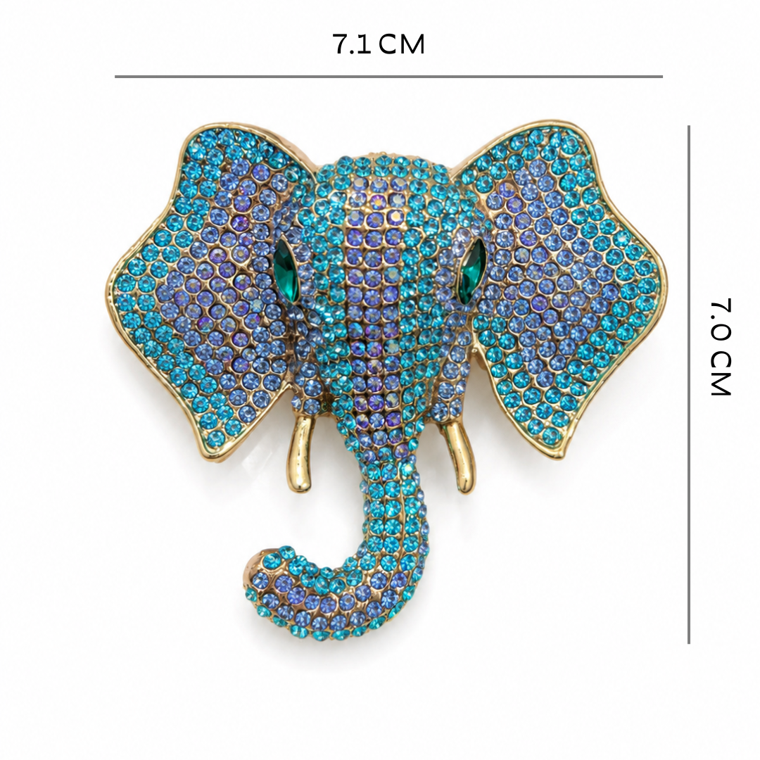 Decorative elephant head with blue and purple gemstones, shown with measurements on a white background.