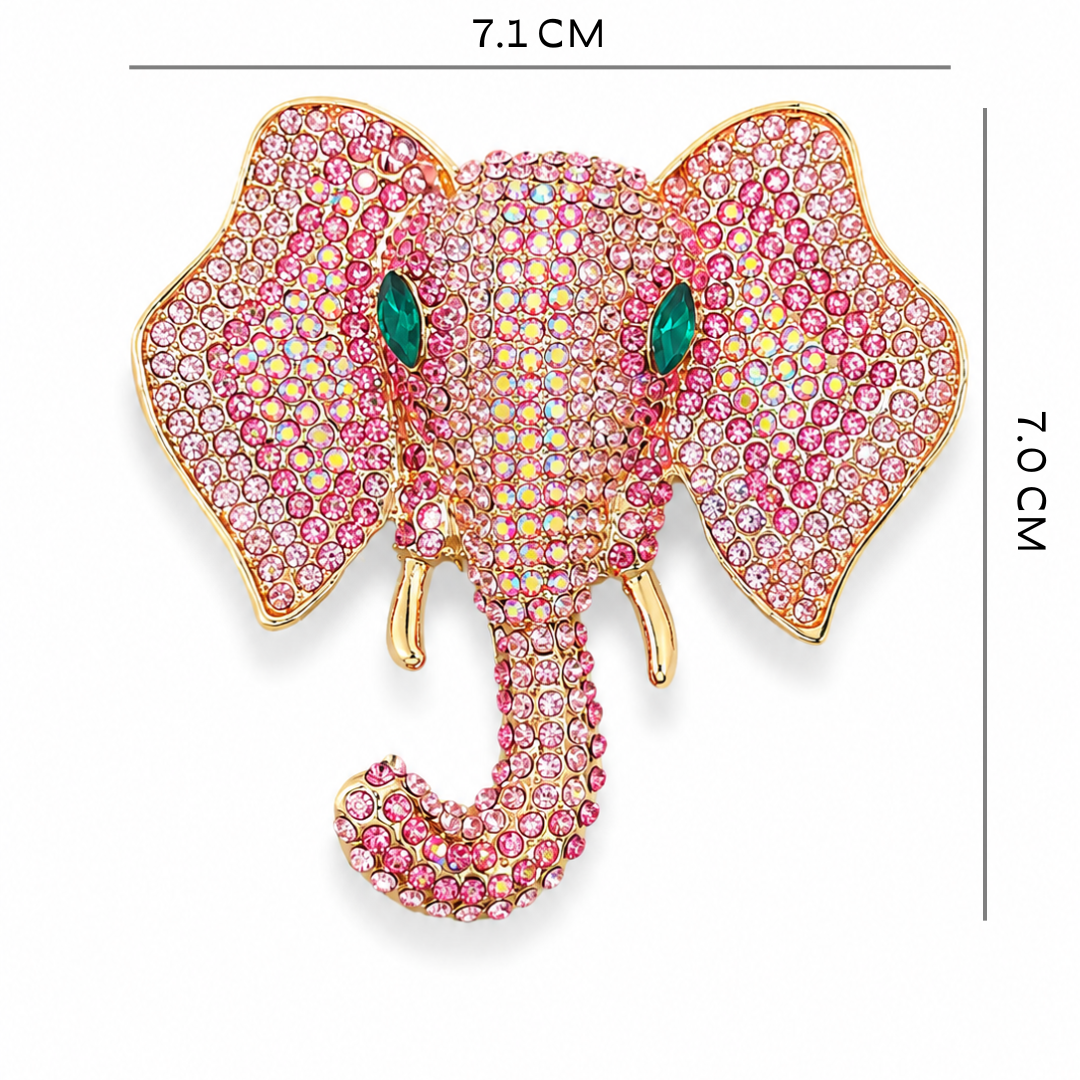 Pink elephant brooch with gemstones and measurements on a white background