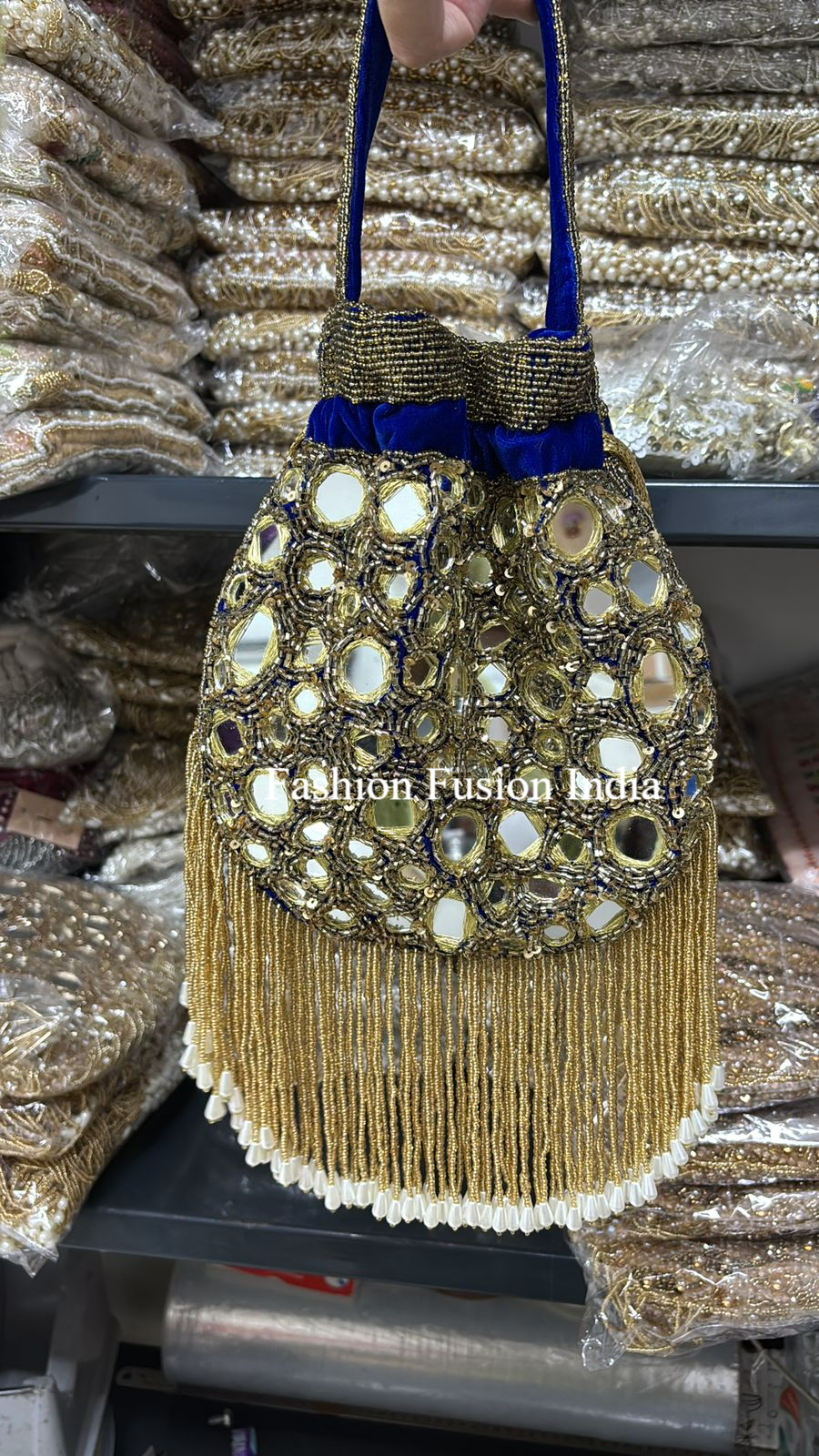 Royal Blue Mirror Work Potli Bag for Women