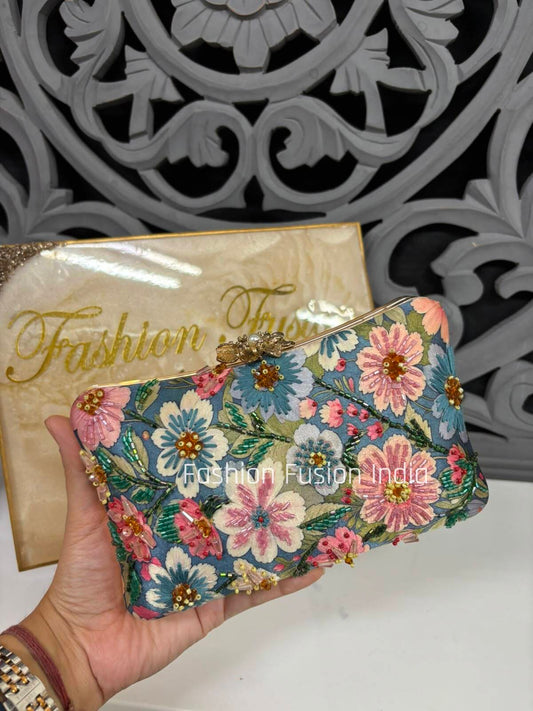 Blue Multi Floral Embroidered Designer Clutch Bag for Women