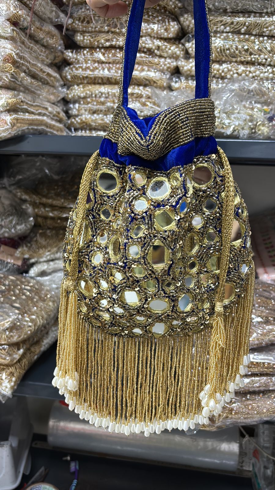 Royal Blue Mirror Work Potli Bag for Women