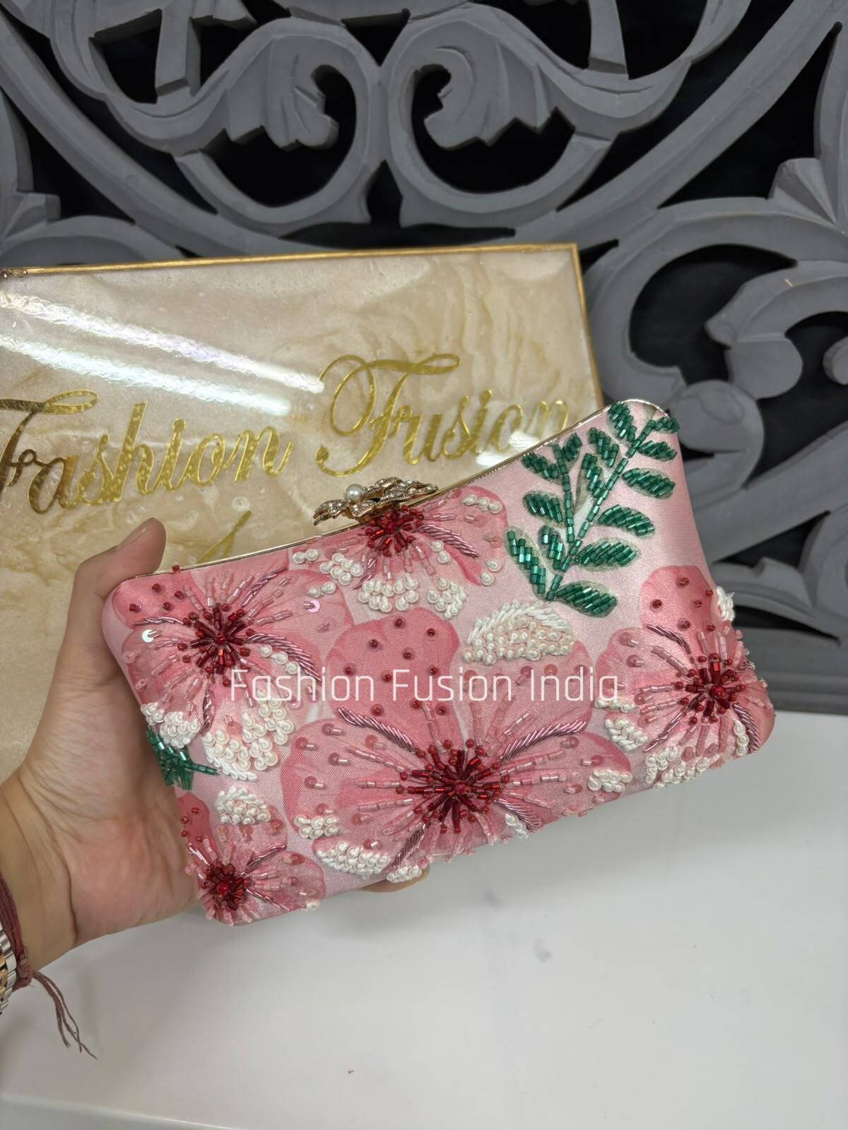 Blush Pink Floral Hand Embroidered Clutch Bag with Beads & Sequins